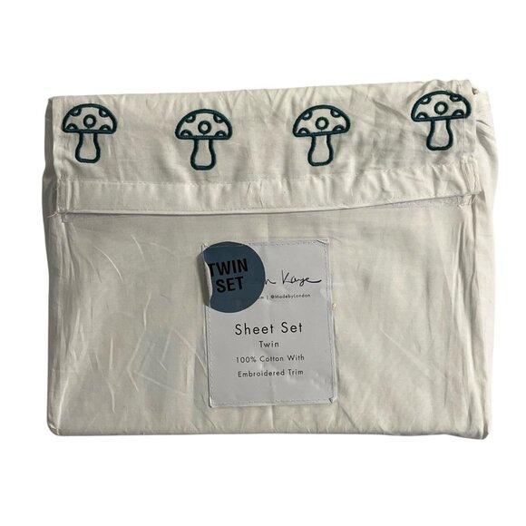 London Kaye Twin Sheet Set Green Mushroom Embroidered White Cotton 70s Retro - Picture 2 of 8